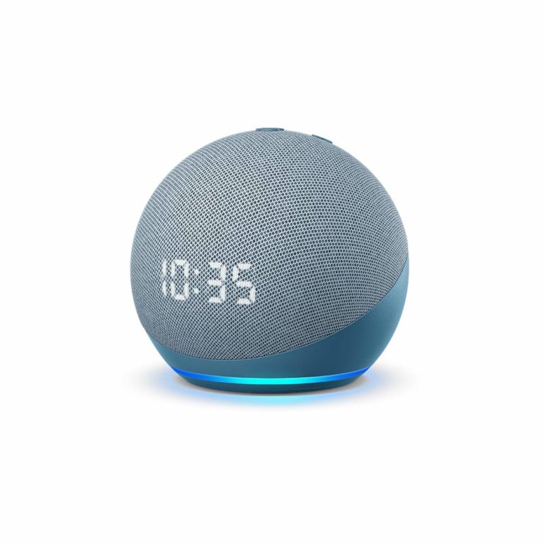 Echo Dot (4th Gen) with clock – Next generation smart speaker with powerful bass, LED display and Alexa (Blue)