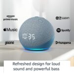 Echo Dot (4th Gen) with clock – Next generation smart speaker with powerful bass, LED display and Alexa (Blue)