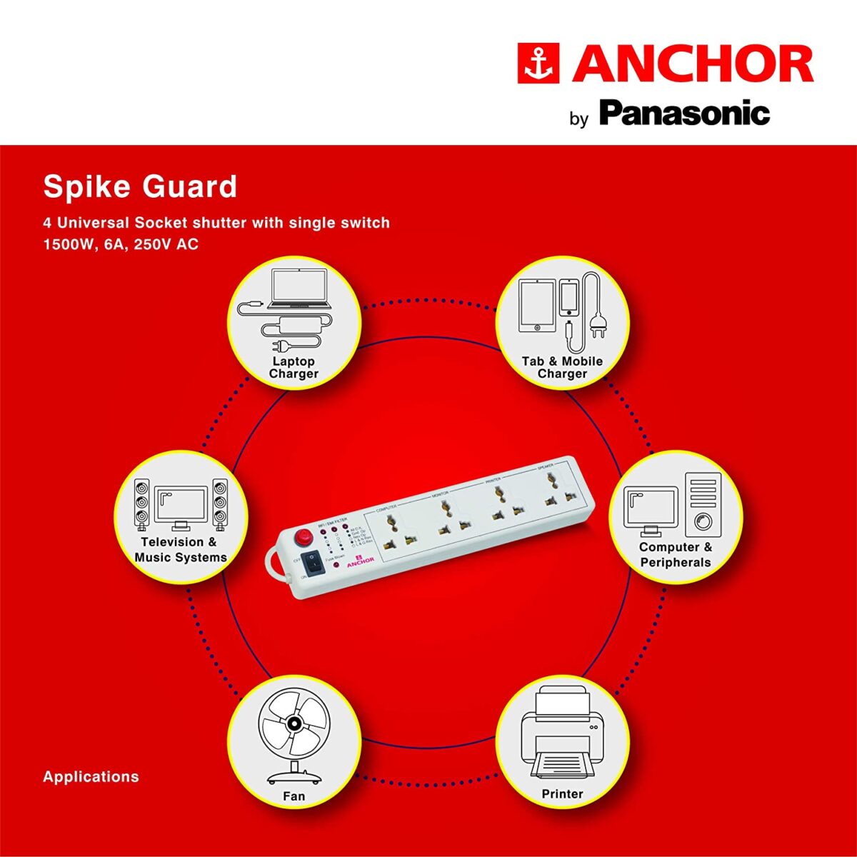 Anchor by Panasonic Spike Guard 4-Way Socket with Single Switch (White)